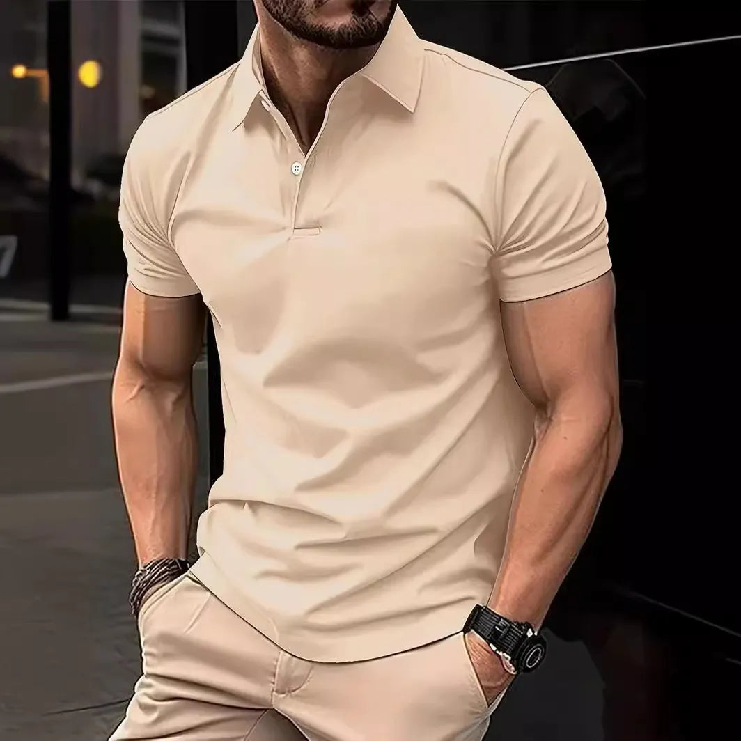 Men's leisure polo shirt with plain design and button placket, short-sleeved