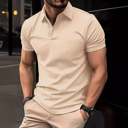 Men's leisure polo shirt with plain design and button placket, short-sleeved