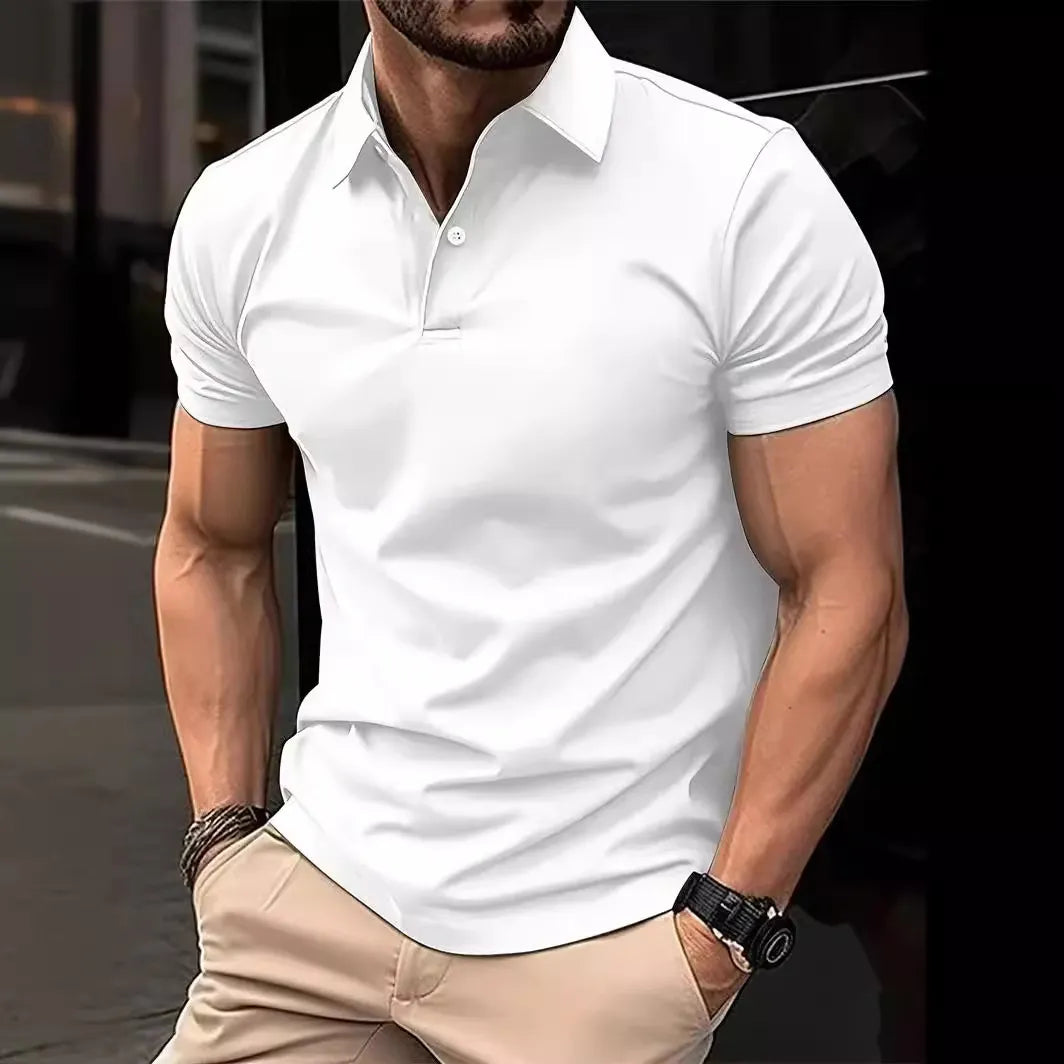 Men's leisure polo shirt with plain design and button placket, short-sleeved