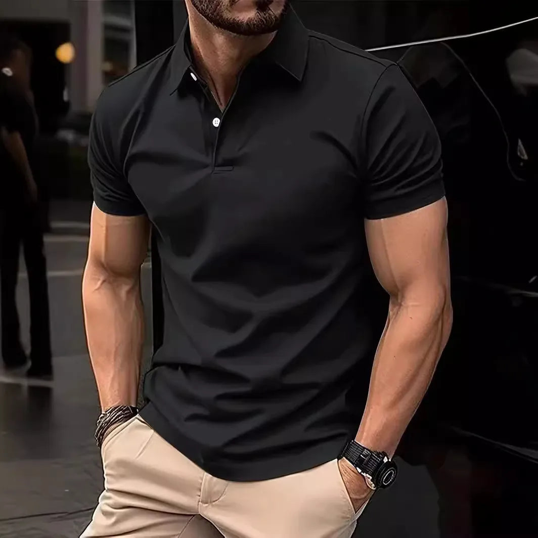 Men's leisure polo shirt with plain design and button placket, short-sleeved