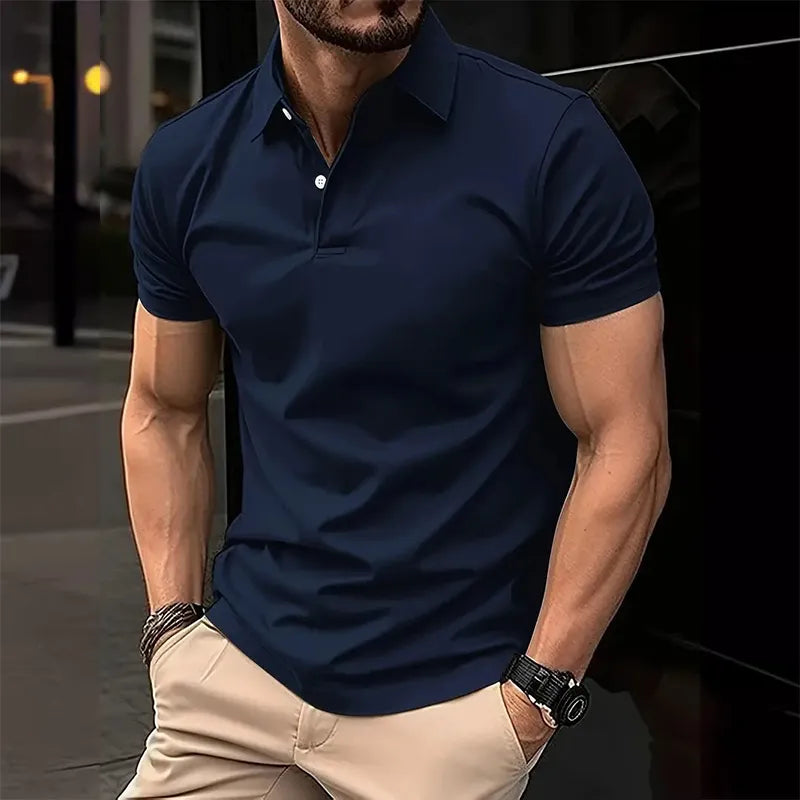 Men's leisure polo shirt with plain design and button placket, short-sleeved