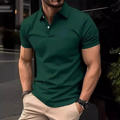 Men's leisure polo shirt with plain design and button placket, short-sleeved