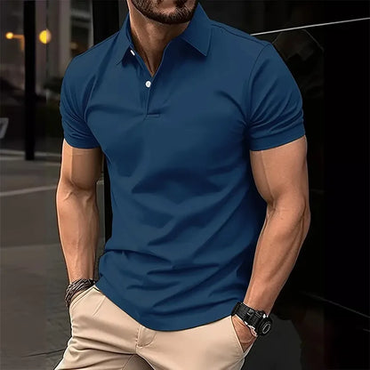 Men's leisure polo shirt with plain design and button placket, short-sleeved
