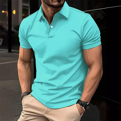 Men's leisure polo shirt with plain design and button placket, short-sleeved