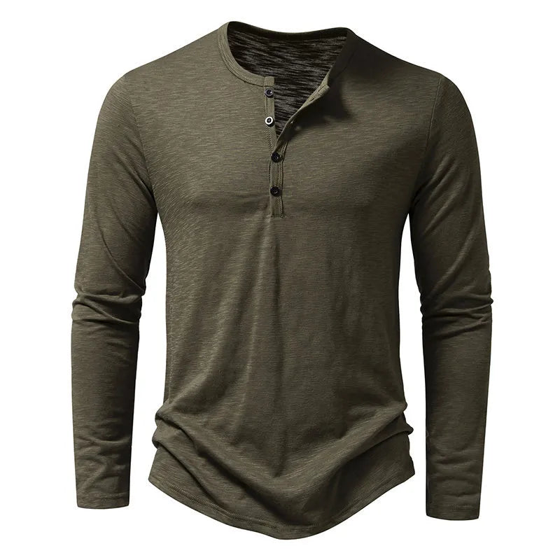 Long-sleeved muscle shirt with Henley collar for men